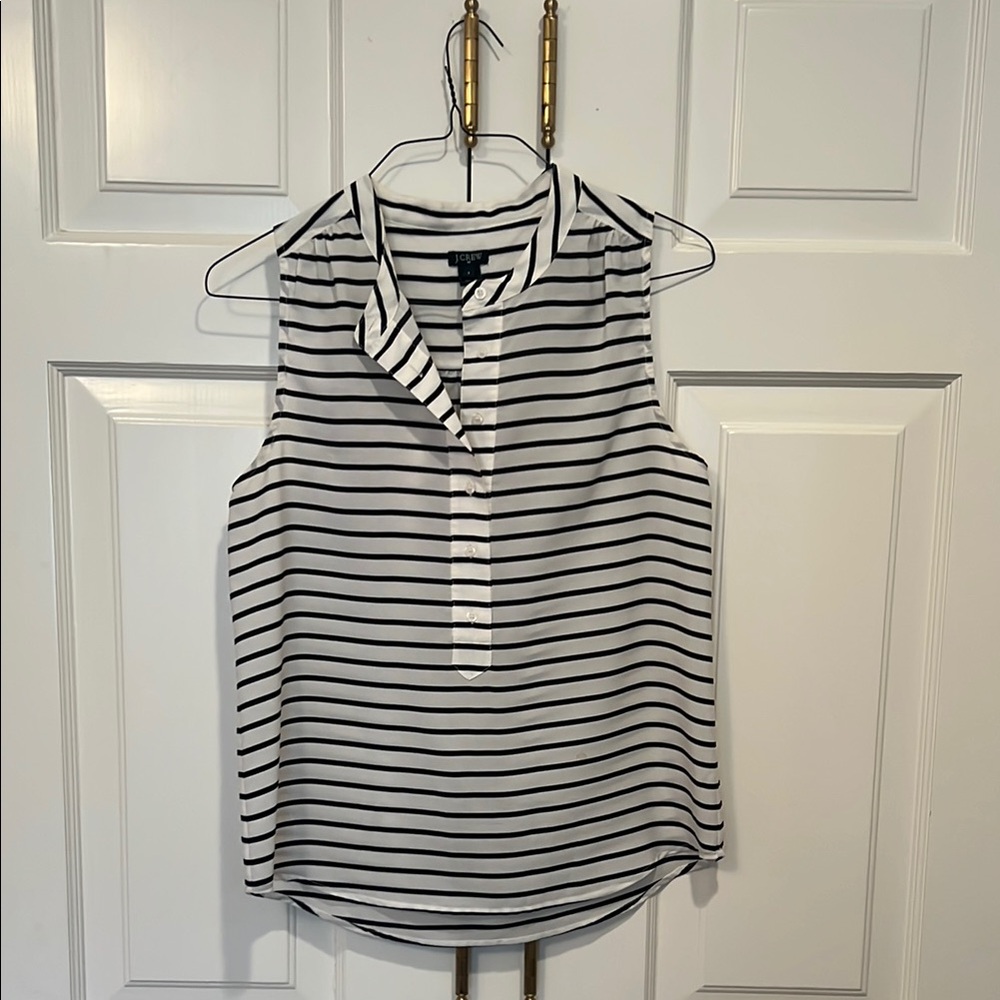 J. Crew Black and White Sleeveless Blouse with Notched Collar